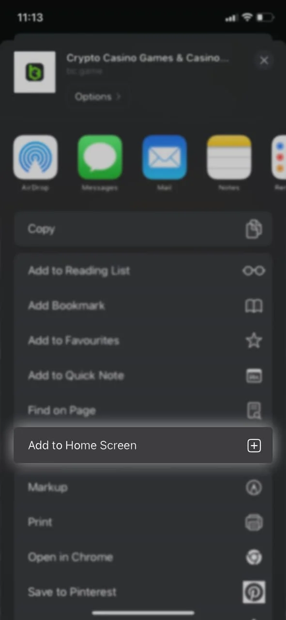 Showing you the third step "3. Click “Add to Home Screen”" to download BC Game on iOS, providing easy access to exclusive casino games and betting options.
