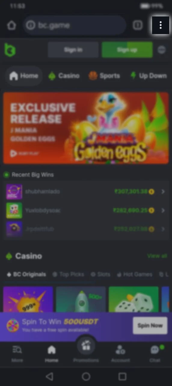 Click on the browser menu button to install the BC Game Crash app.