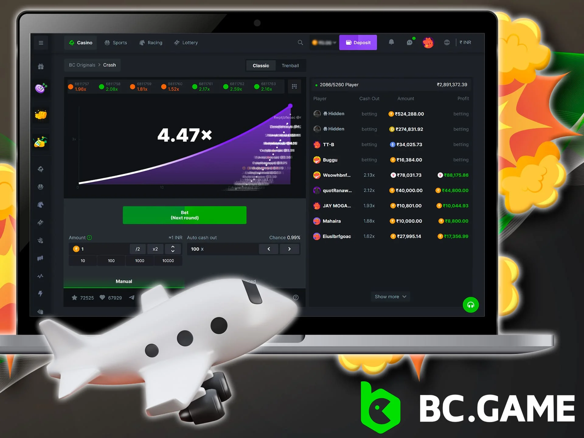 Sign up, make a deposit and place a bet to enjoy playing BC Game Crash online.