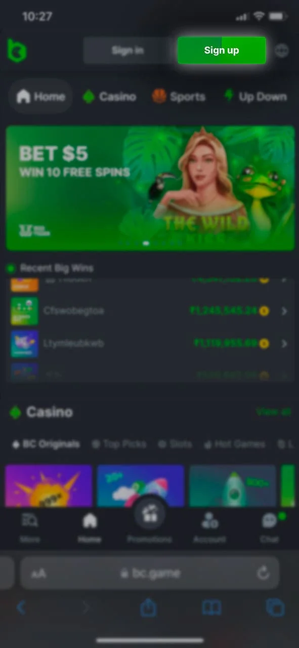 Click on the sign up button on the home page of the BC Game website.