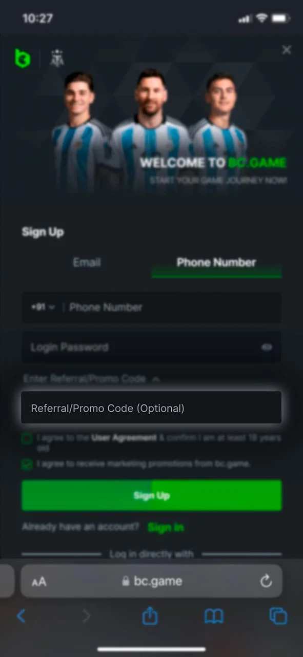 Enter your BC Game bonus promo code if you have one.