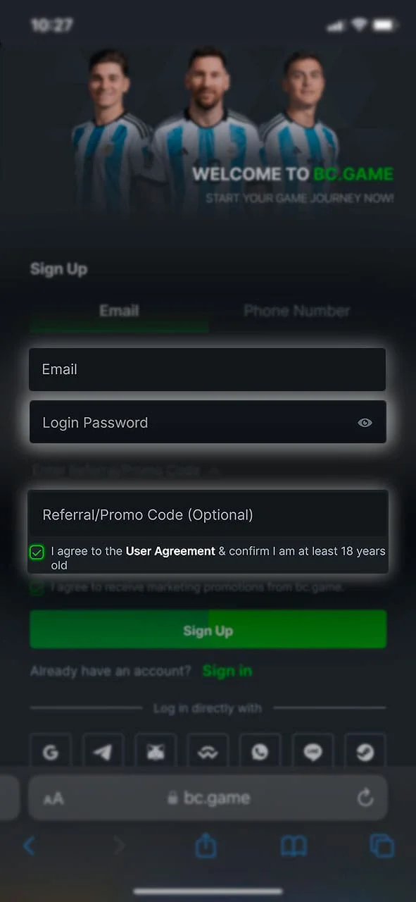 Fill in the required fields to register on BC Game.