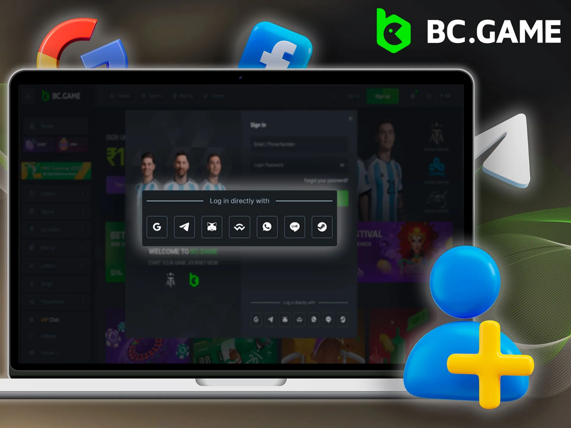 Quickly sign up for BC Game using your social media account.
