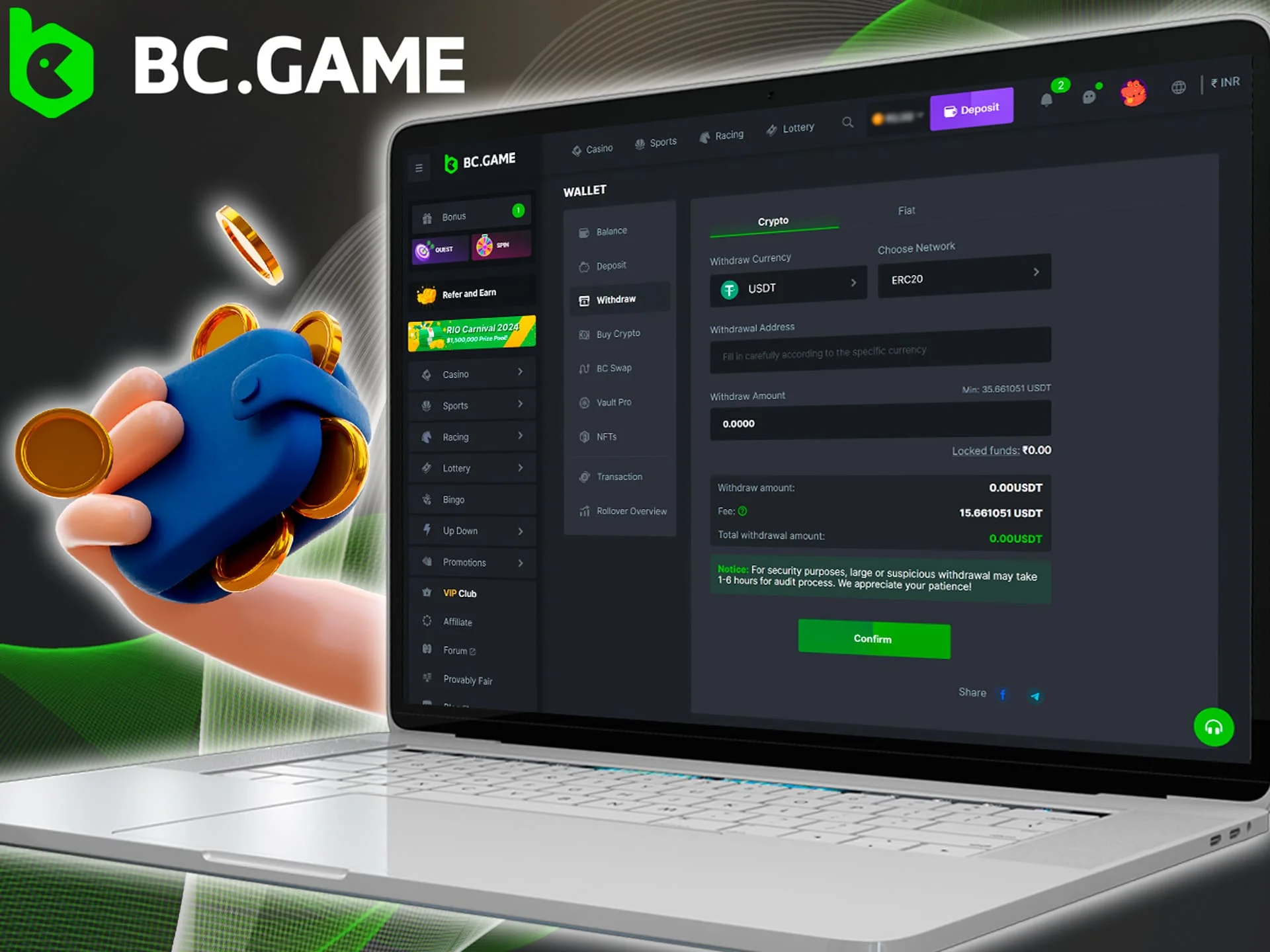 Simple instruction for those who want to withdraw their winnings from their BC Game account.