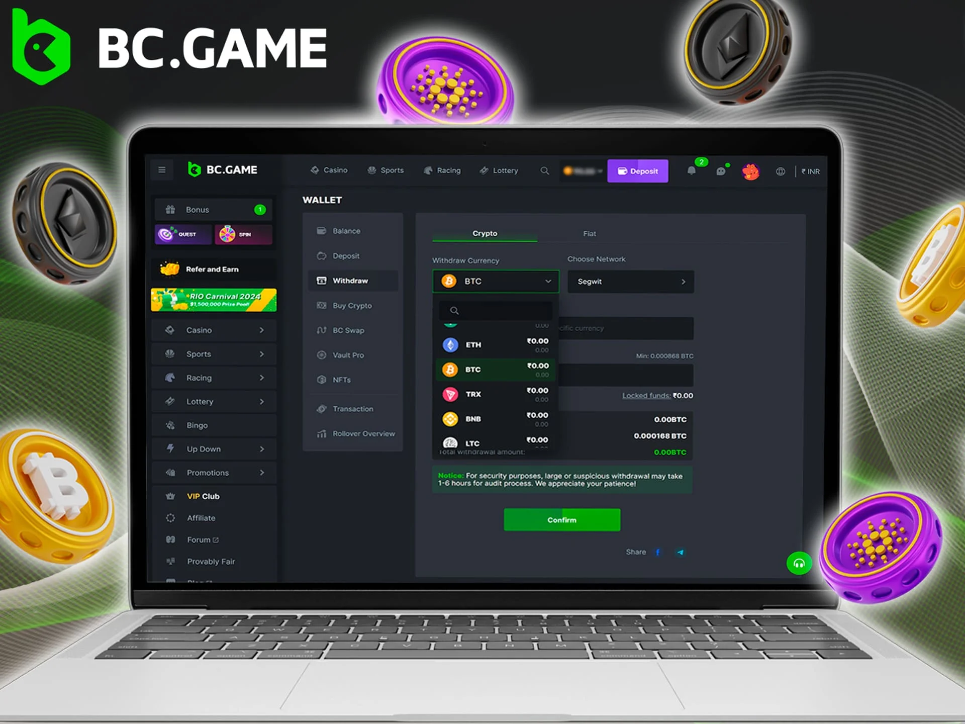 Types of cryptocurrency that can be used to withdraw money from BC Game account.