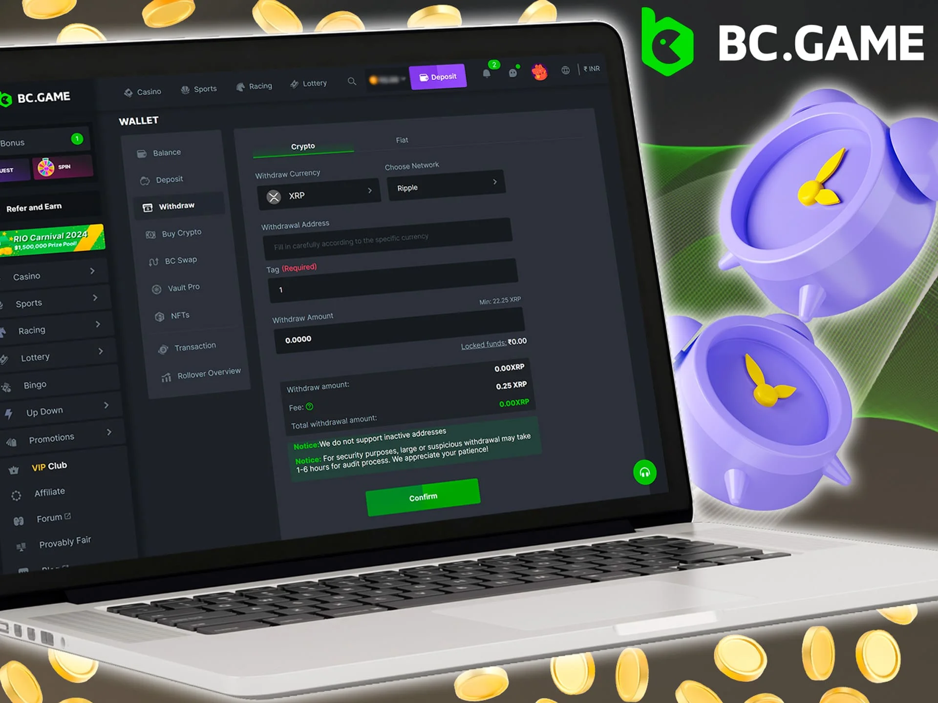 Withdrawals from your BC Game account are made within a few hours.