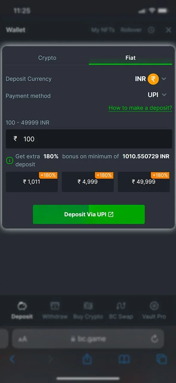 Find the deposits section and fund your BC Game account.