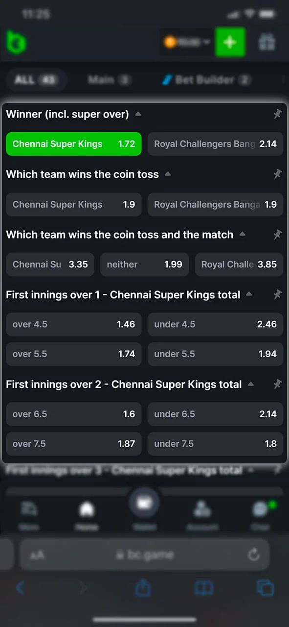 Open the sports section of BC Game to find the match you are interested in and place a bet in real time.