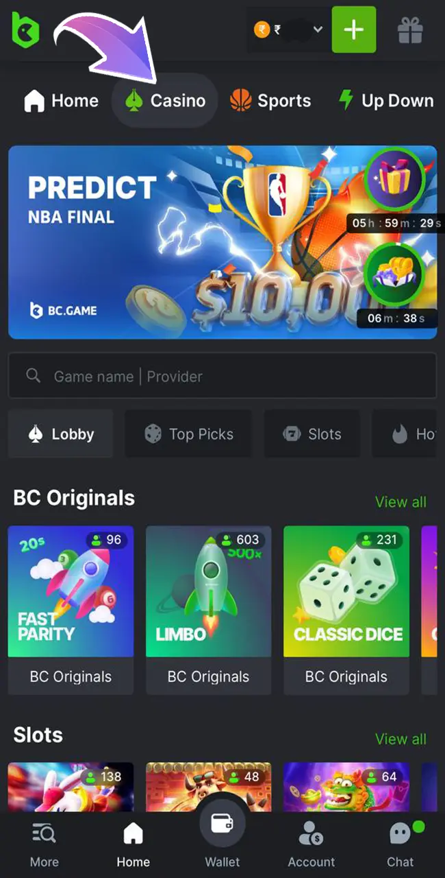 Launch the tab with the casino in BC Game.