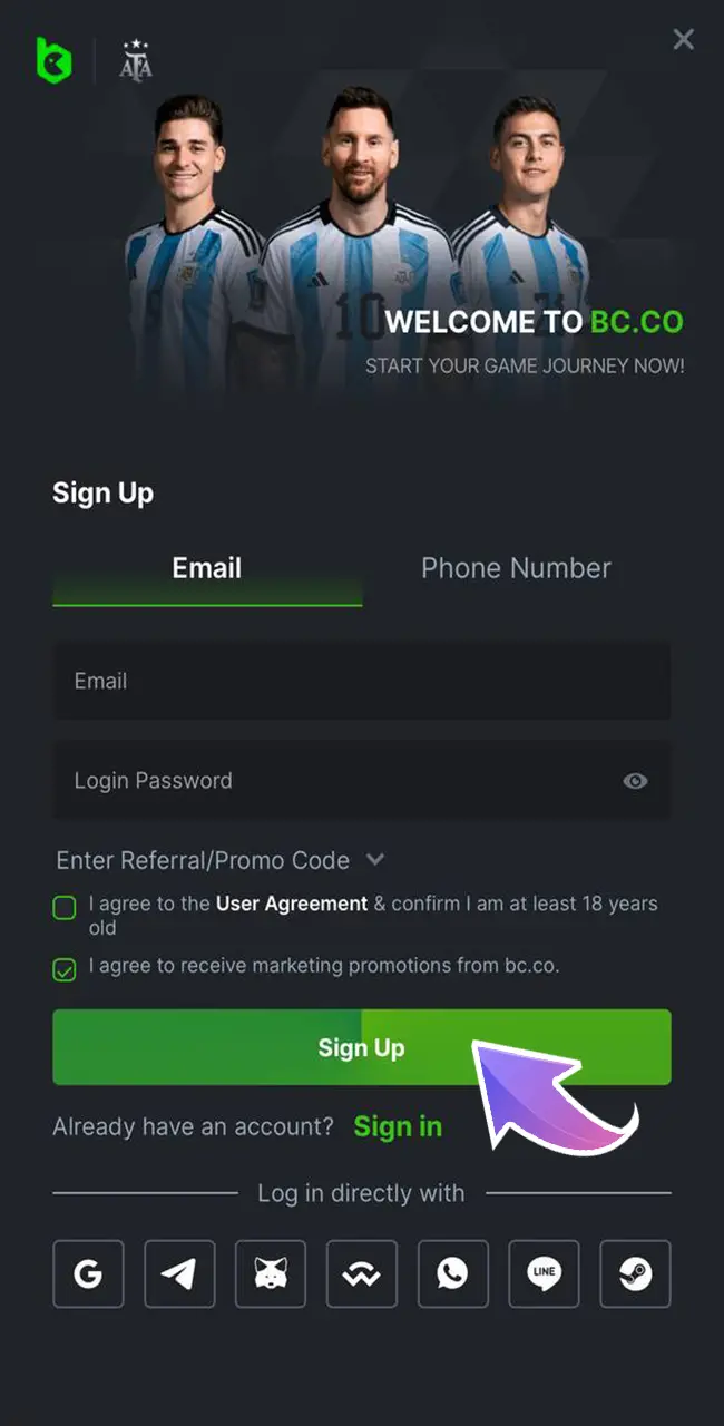 Launch your browser and go to the BC Game website to create an account.