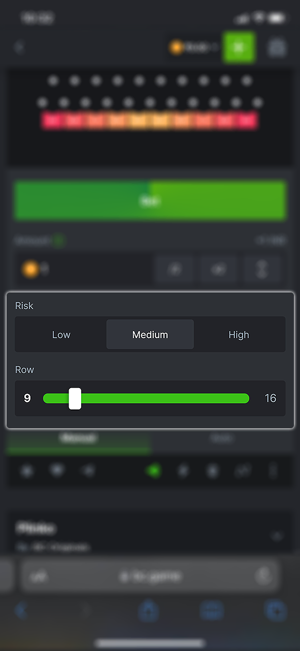 Open Plinko at BC Game and choose your risk level and number of rows.
