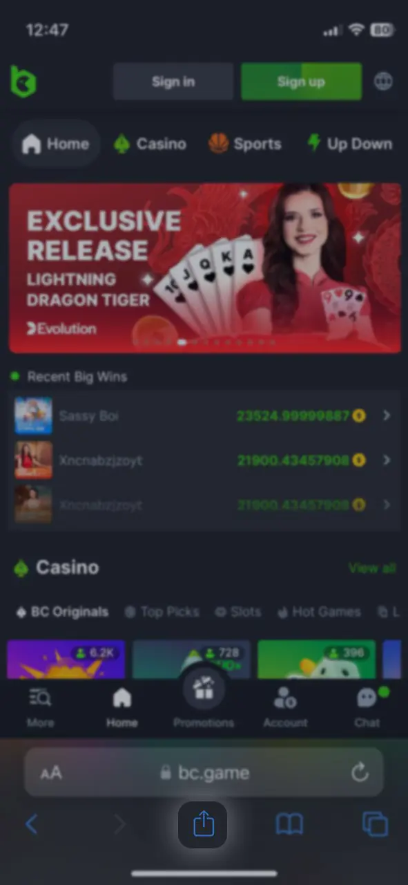 Showing you the second step "2. Click the “Share” button" to download BC Game, allowing you to download the free app on iOS and access exclusive casino games and betting options