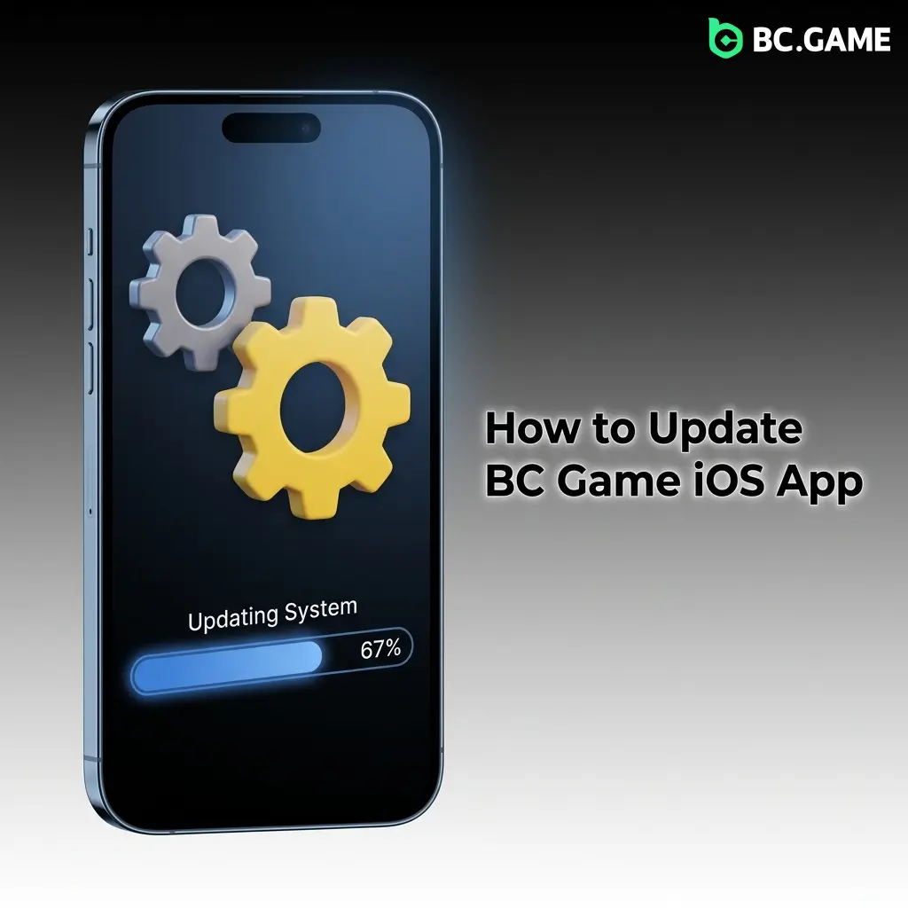BC Game iOS app update screen with steps to refresh the Home Screen shortcut and improve login security